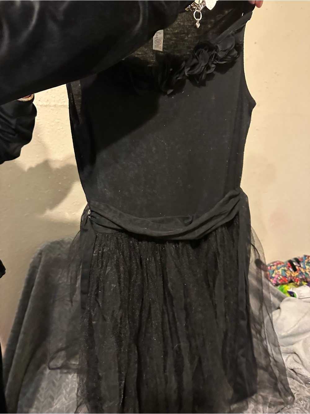 Black Tulle Dress for Girls with Floral Accent